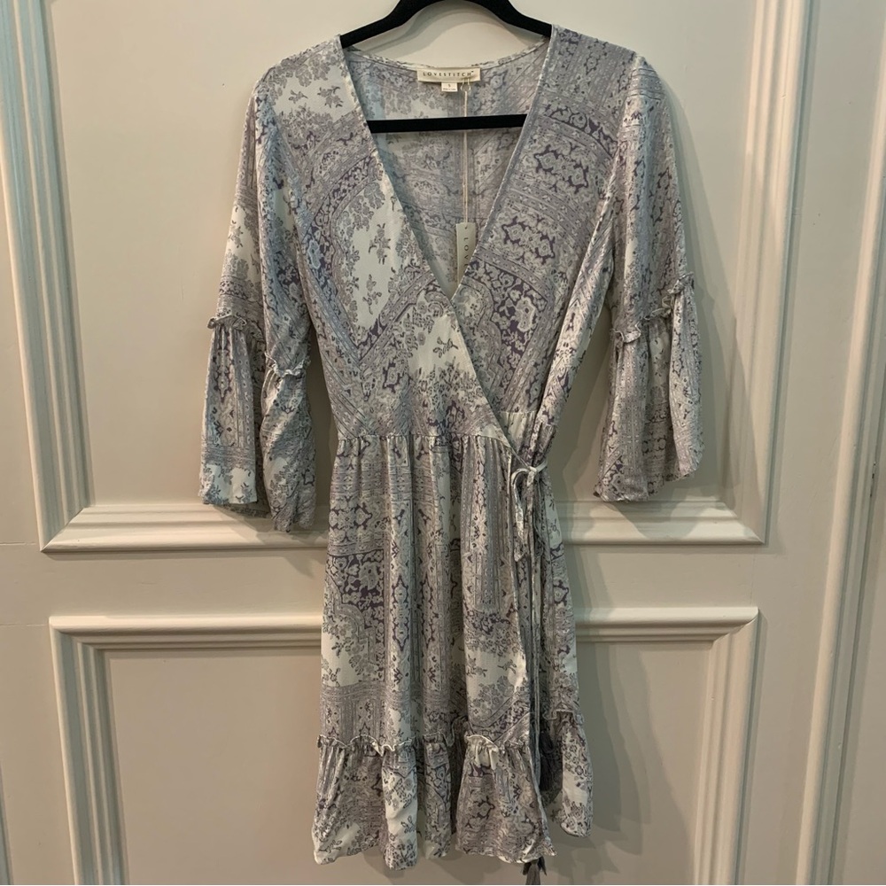 NWT Lovestich Wrap Around Geo & Floral Dress 3/4 Flounce Sleeves Boho Sz Small